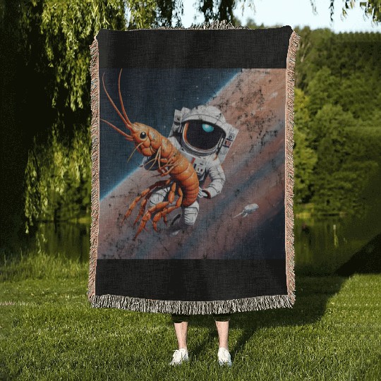 Astronaut in space with shrimp Woven Blankets