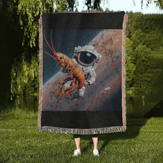 Astronaut in space with shrimp Woven Blankets