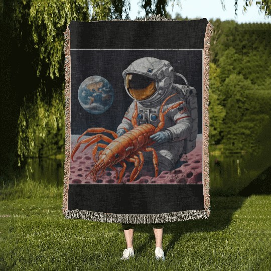 Astronaut in space with shrimp Woven Blankets