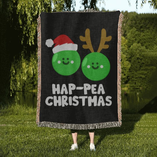 Hap-Pea Christmas Funny Vegetable Vegan Food Pun Woven Blankets