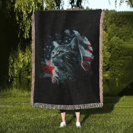 America cat under Moon with American Flag Woven Blankets