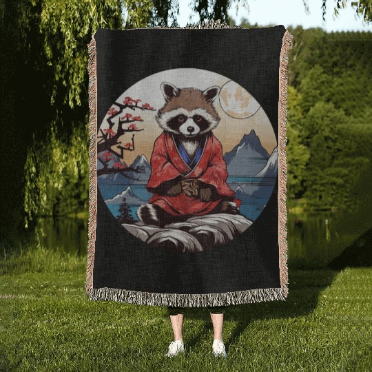 tanuki raccoon dog in kimono in anime style Woven Blankets
