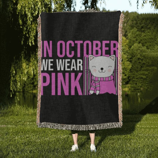 In October We Wear Pink Cute Cat Woven Blankets