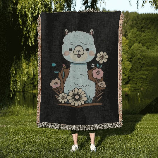 Cute Alpaca Flower Garden Kawaii Llama Lover Woven Blankets