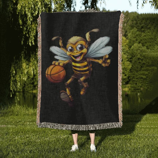 Laughing basketball bee Woven Blankets