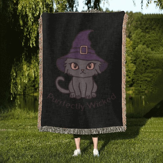 Wicked Cat Witch Funny Halloween Witch Woven Blankets