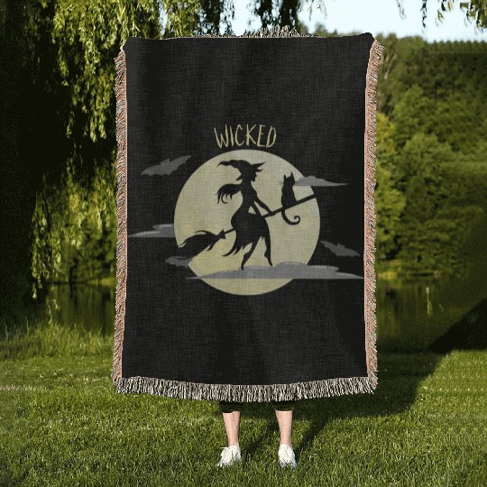 Wicked Cat Witch Funny Halloween Witch Woven Blankets