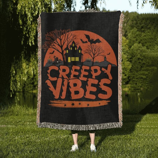 Black Cat Night Creepy Vibes Woven Blankets