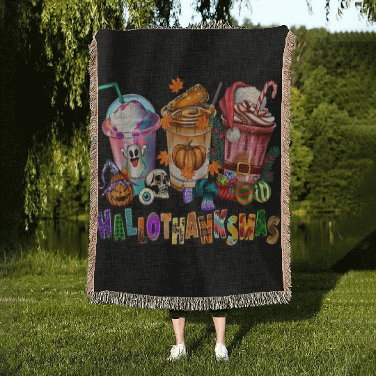 Happy Hallothanksmas Coffee Latte Halloween Woven Blankets