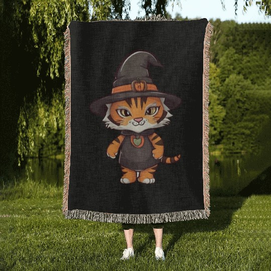 Cute Halloween tiger with a witch hat. Woven Blankets