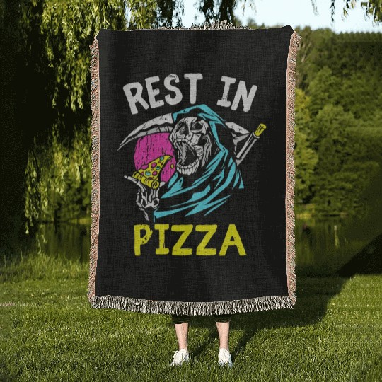 Rest In Pizza Art CartoonGrim Reaper Woven Blankets