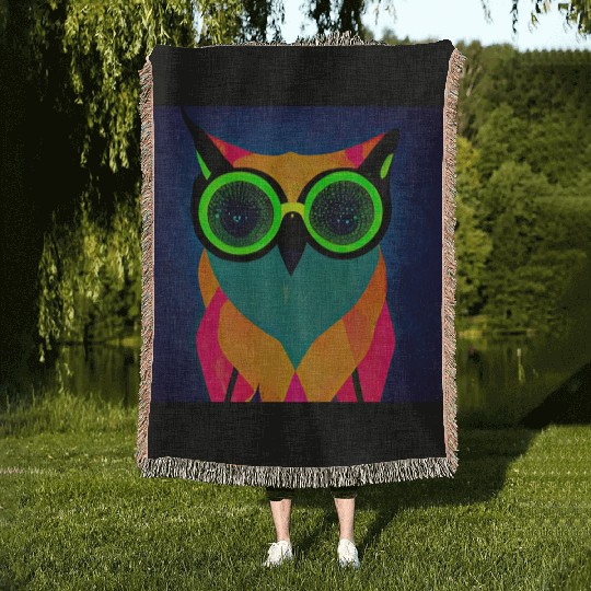Mod Owl: Bold Owl with Green Glasses Woven Blankets