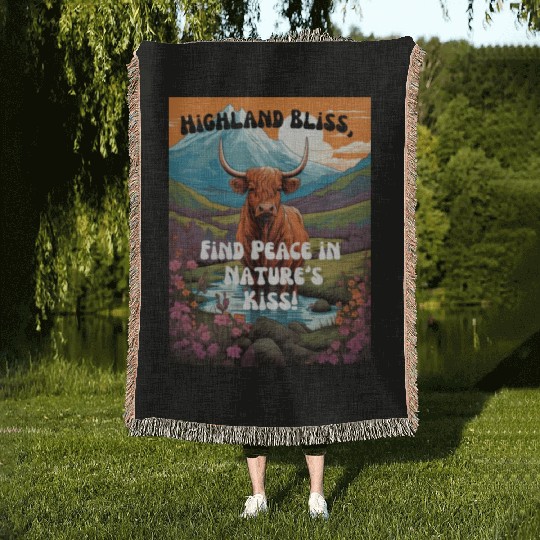 Highland Cow Standing in a cartoon mountain landsc Woven Blankets