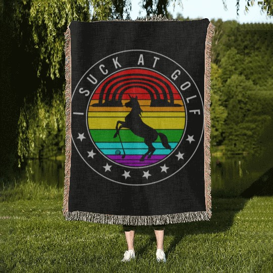 Golf Woven Blankets, I Suck At Golf Unicorn Rainbow Retro