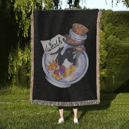 Potion magpie bird coins money treasure wealth Woven Blankets
