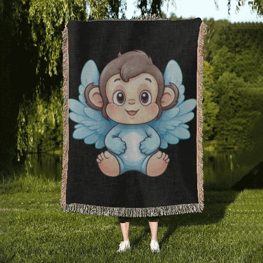 monkey chimpanzee angel wings cute kawaii Woven Blankets