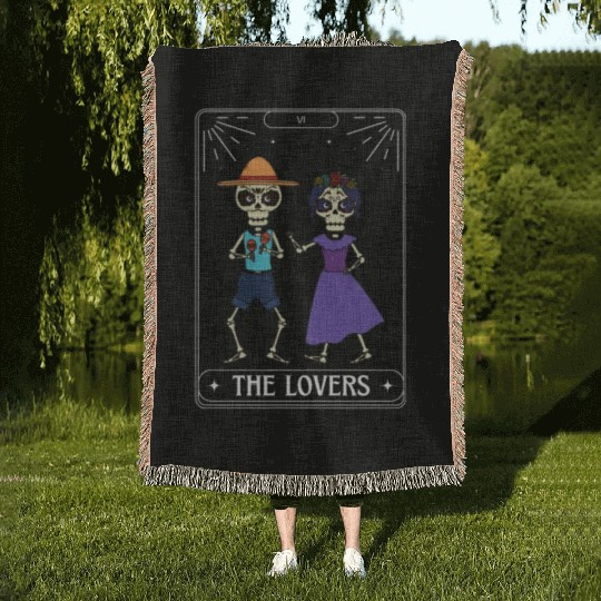 The Lovers Tarot Card Got Skeleton Skull Halloween Woven Blankets