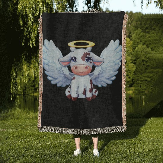 cow angel wings farm halo Woven Blankets