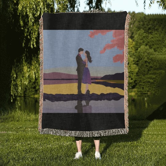 Romantic couple dance with sakura flowers Woven Blankets