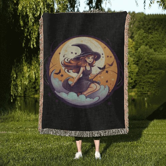 cartoon halloween witch Woven Blankets