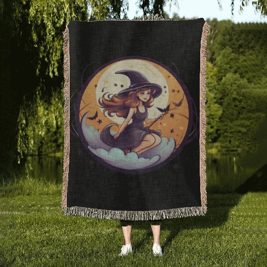 cartoon halloween witch Woven Blankets