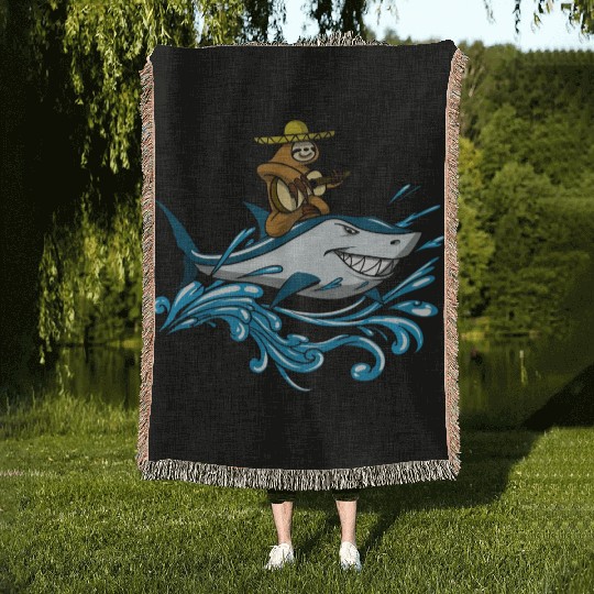 Lazy Sloth With Guitar Riding Shark Woven Blankets