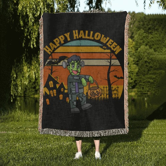 Happy Halloween. Spooky Ghost Skeleton Zombie Witc Woven Blankets