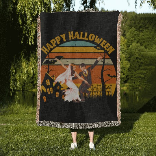 Happy Halloween. Spooky Ghost Skeleton Zombie Witc Woven Blankets