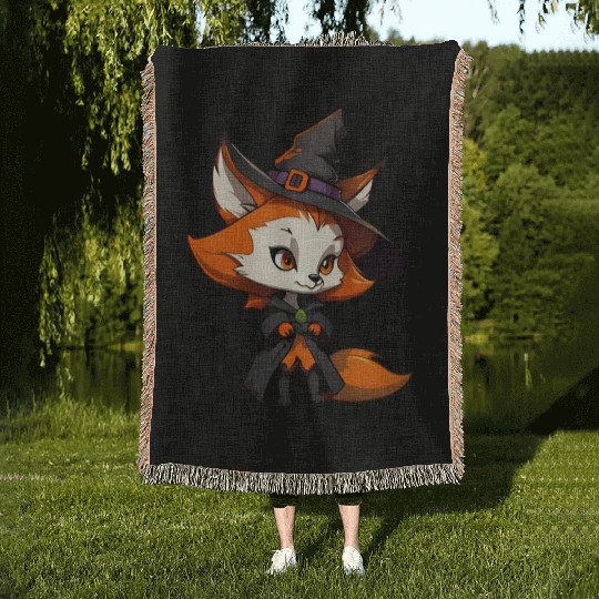 Cute Halloween fox with a witch hat. Woven Blankets