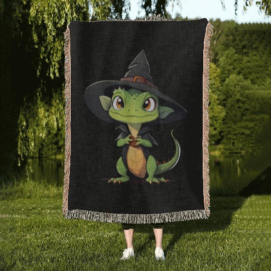 Cute Halloween lizard with a witch hat. Woven Blankets