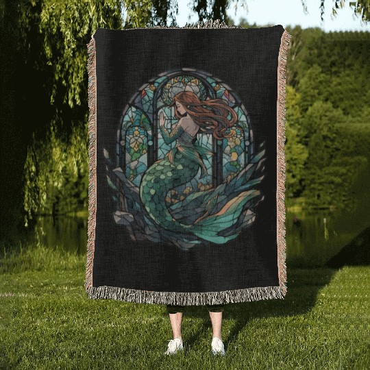 Stained Glass Mermaid Woven Blankets