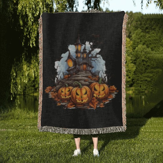 Halloween Pumpkin Bat Spell Haunted House Woven Blankets