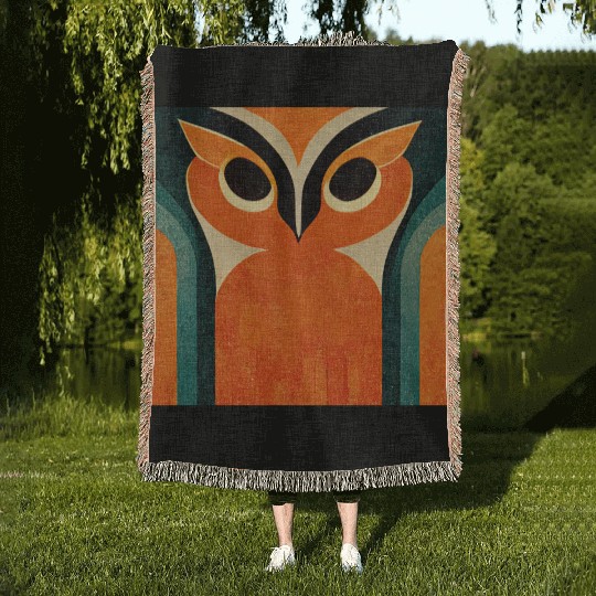 Mod Owl: Big Bold Orange Owl Woven Blankets