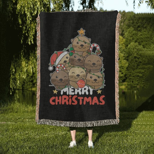 Otter Christmas Tree Merry Christmas Woven Blankets
