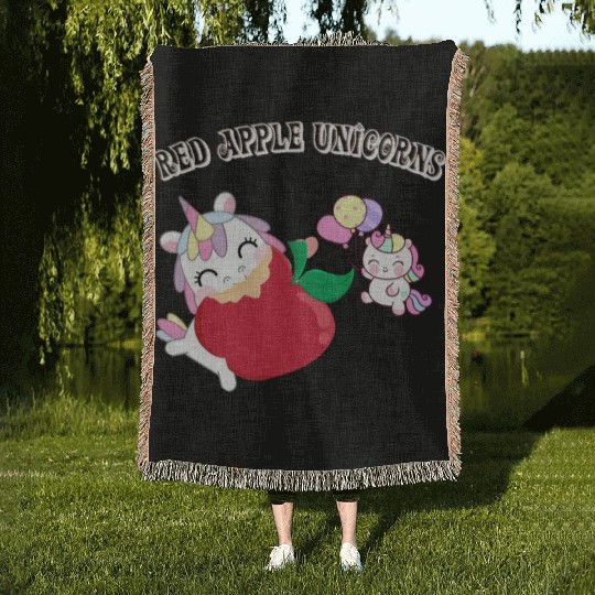 Funny Unicorn Hungry Eat a Red Apple Day Woven Blankets