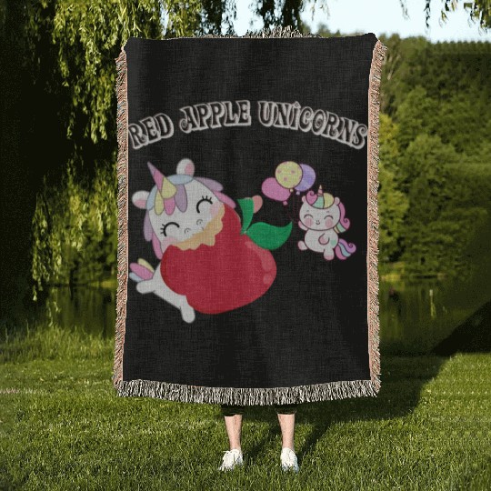 Funny Unicorn Hungry Eat a Red Apple Day Woven Blankets