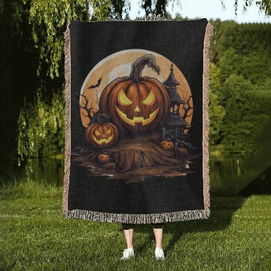 Halloween Haunted House Spell Pumpkin Bat Woven Blankets