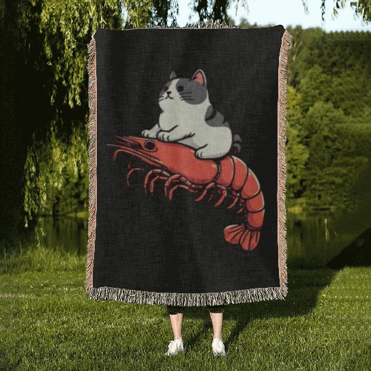 Cat rides shrimp Woven Blankets