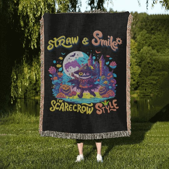 Straw & Smile The Scarecrow Funny Cute Halloween Woven Blankets