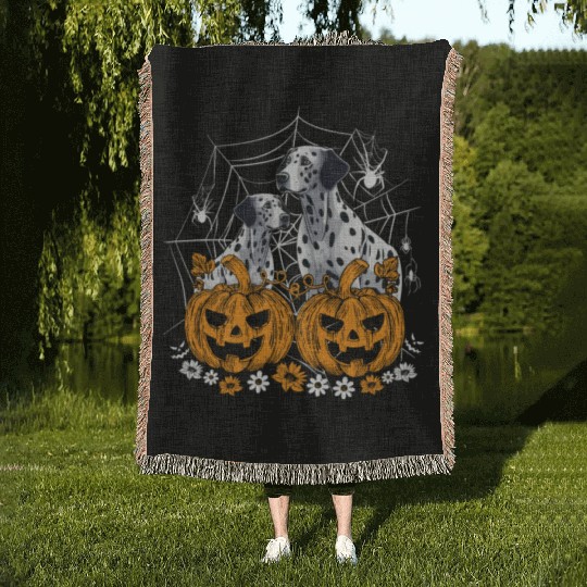 Pumpkin Dalmatian costume on Dalmatian Halloween Woven Blankets