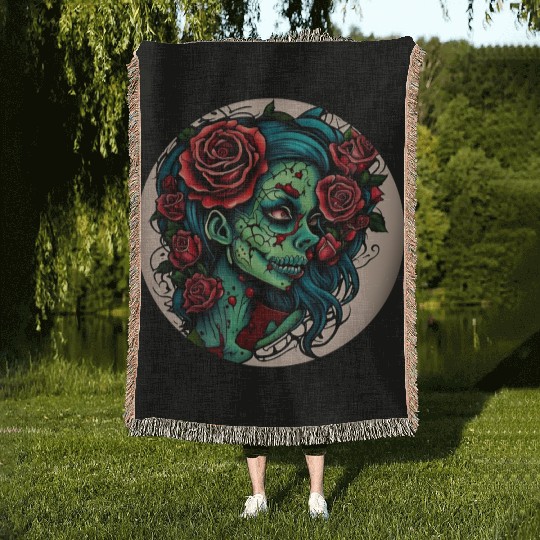 Zombie Girl / Halloween / creepy / green / Comic Woven Blankets