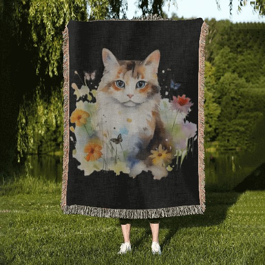 Watercolor Cat Flowers & Butterflies Woven Blankets
