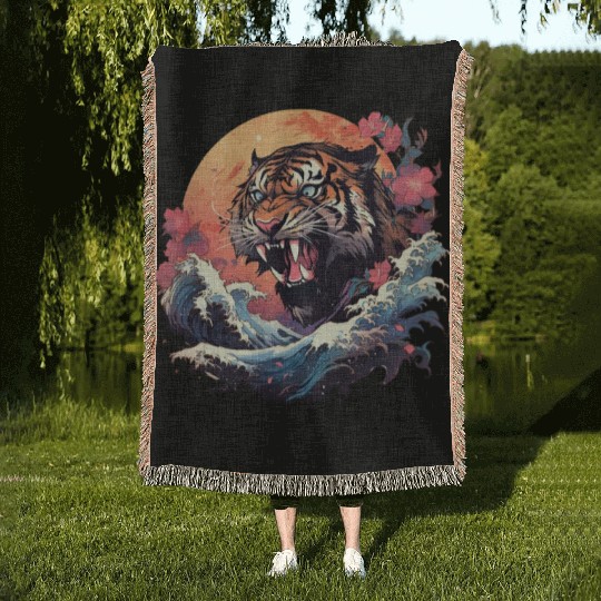 Tokyo Asia 80s Japanese Retro Tiger Woven Blankets