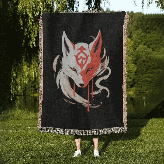 Kitsune Maske Japan Anime Kumiho Fox Samurai Woven Blankets
