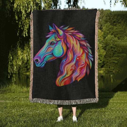 Psychedelic Horse Head Gallop Equine Equestrian Woven Blankets