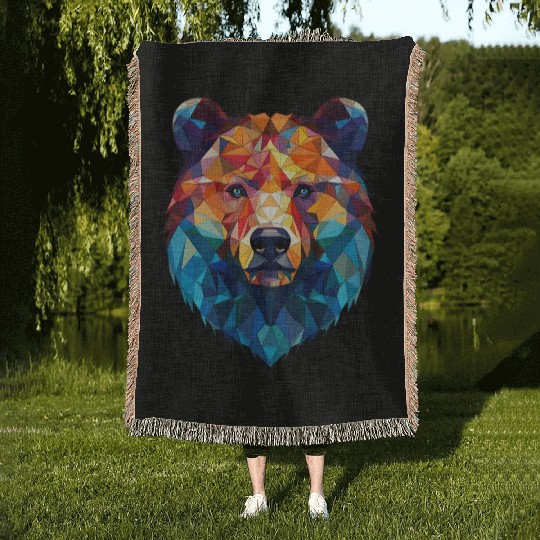 Wild Psychedelic Bear Geometric Vibrant Woven Blankets