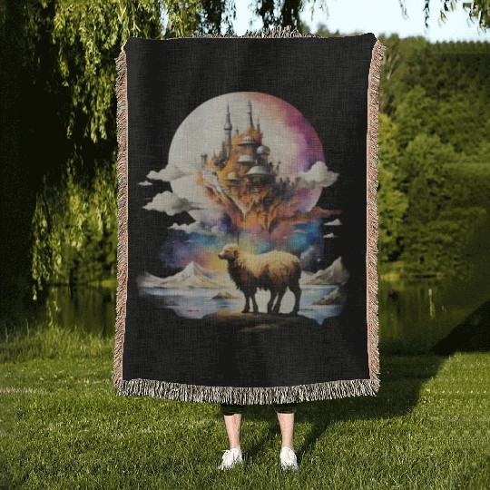 Retro Celestial Moon Sheep Adventure Woven Blankets