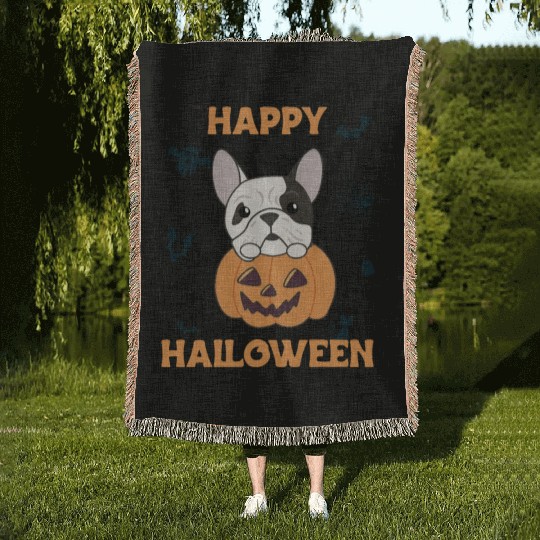 Bulldog In Pumpkin Cute Dogs Happy Halloween Woven Blankets