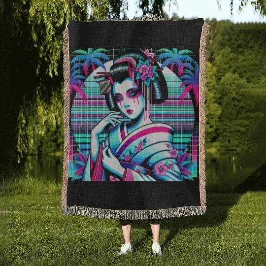 Japan Geisha Retrowave Synthwave Cyberpunk Woven Blankets