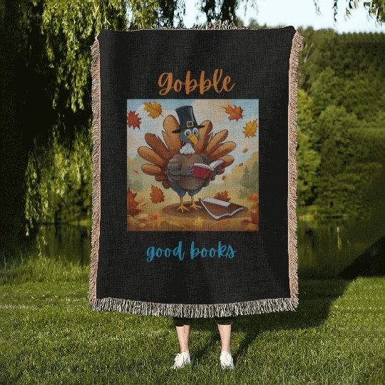 Gobble Good Book Thanksgiving Library Turkey Fall Woven Blankets